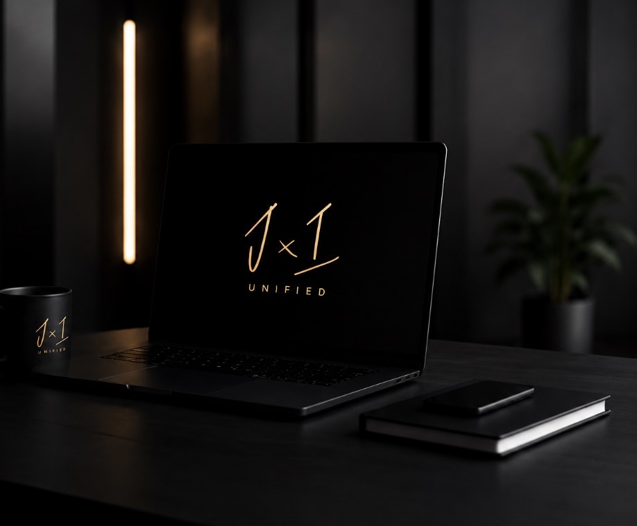 JxI Unified Solutions brand displayed on a laptop in a dark studio workspace