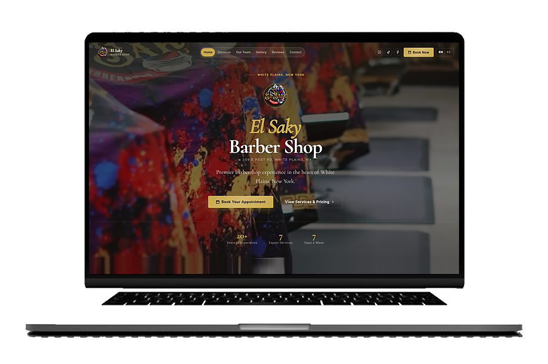 El Saky Barber Shop website shown on a laptop screen