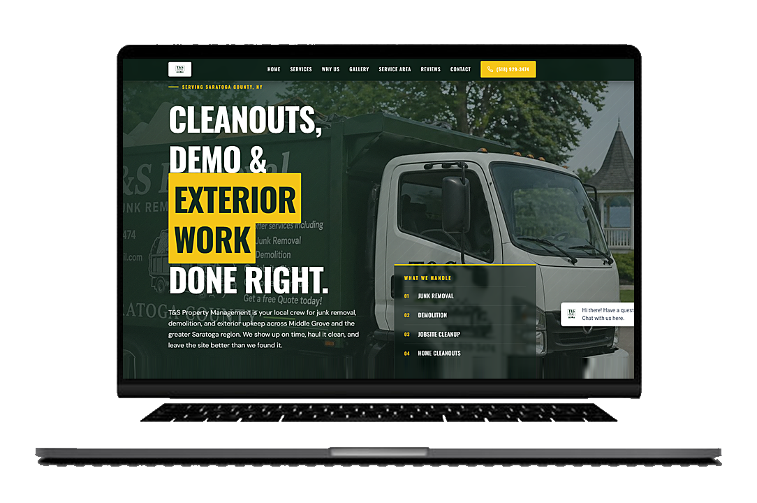 T&S Property Management website shown on a laptop screen